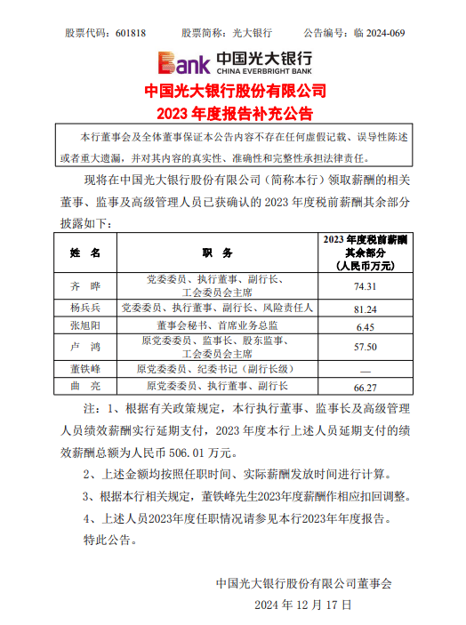 于3年，公告内披露显示2023 年度上述6人延期支付绩效薪酬总额506.01 万元。光大银行《绩效薪