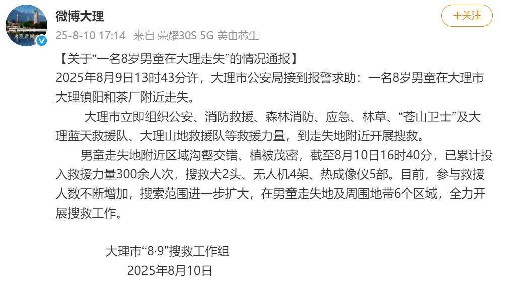 官方通报“8岁男童在大理走失”