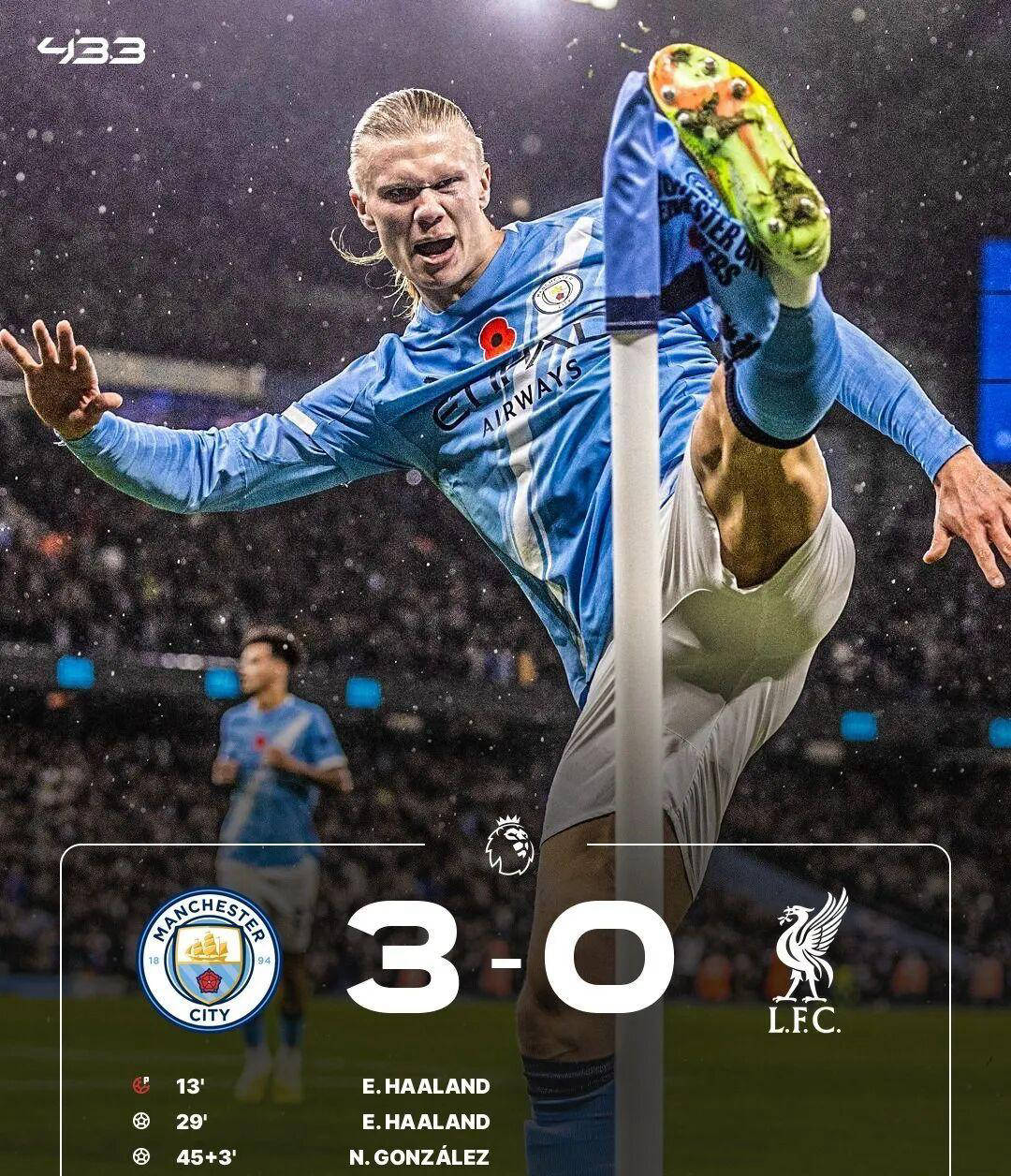 英格兰足球超级联赛曼城3-0完胜利物浦多库献世界波