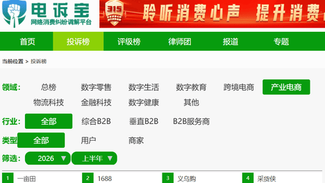 2026上半年产业电商平台用户投诉榜 ：一亩田 1688 义乌购 采货侠上榜