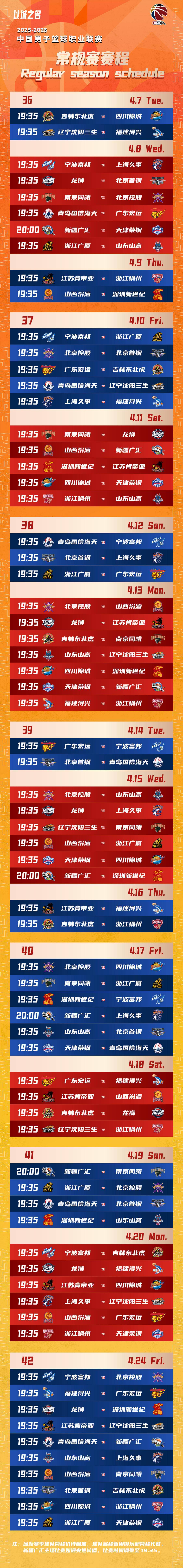 2025-2026赛季CBA赛程：12月12日开赛 常规赛42轮