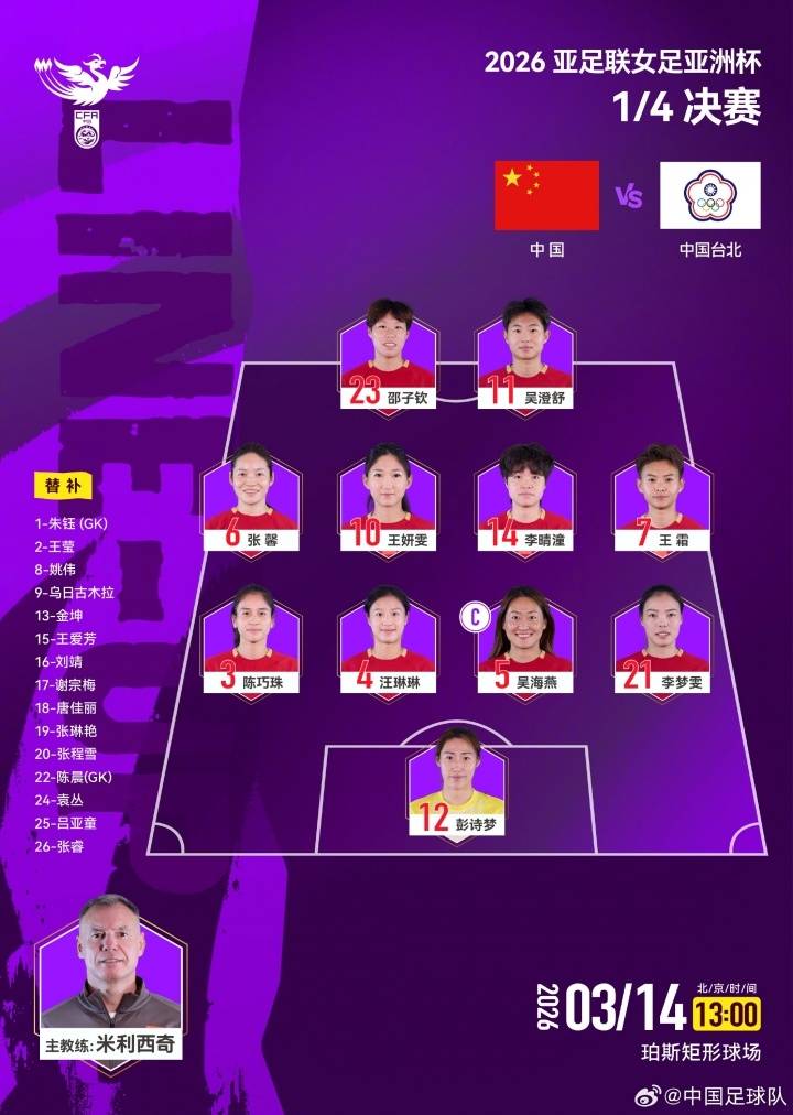 胜者进世界杯！中国女足VS中国台北首发：双前锋+王霜先发