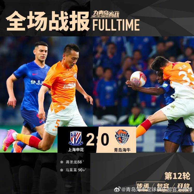 全场比赛结束，青岛海牛客场0-2不敌上海申花