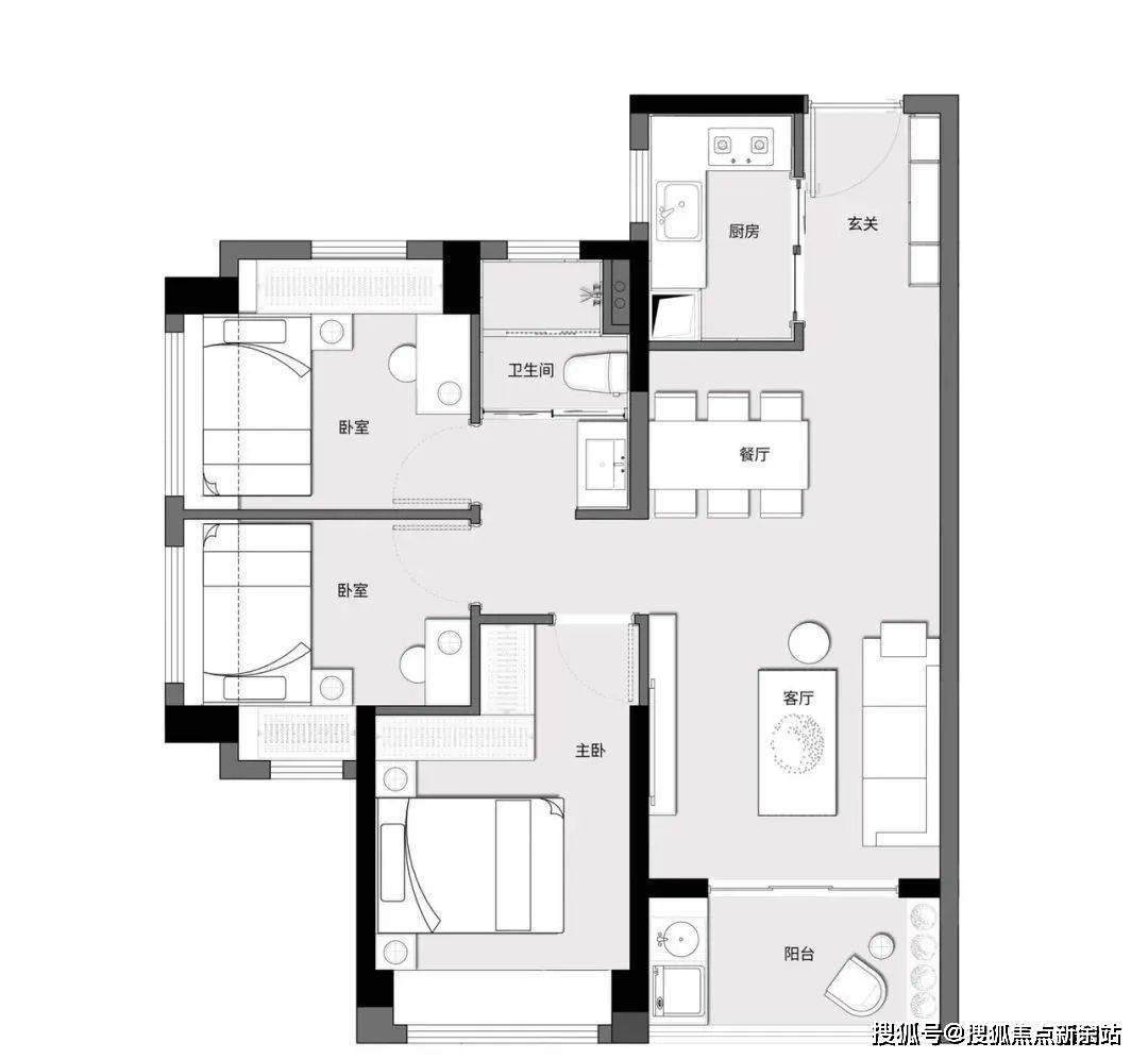 b戶型|建面約81㎡三房兩廳一衛戶型方正通透,全南向佈局;u型廚房設計