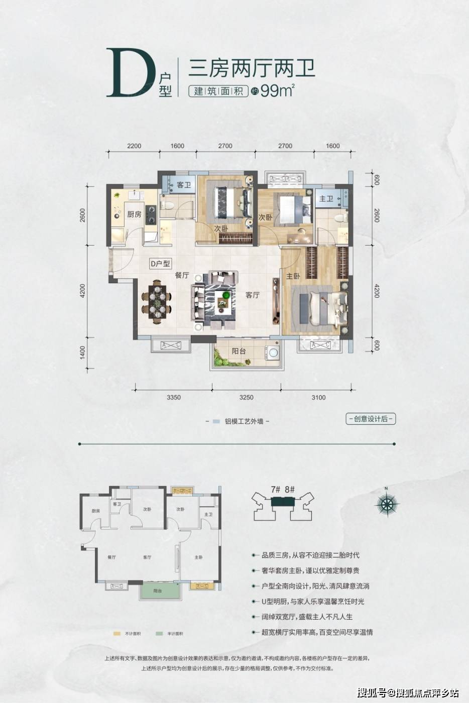 户型方正全明格局在售合景叠翠峰 平层户型·建面/95㎡3室2厅2卫户型