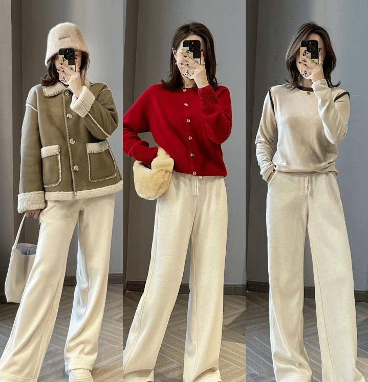 搭配白色阔腿裤,可以选择同色系的外套或者羽绒服,分分钟穿出优雅气质