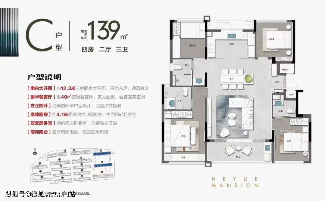 前程和悅府約139㎡戶型圖同樣的四葉草戶型,它的南向尺度拉大到了約