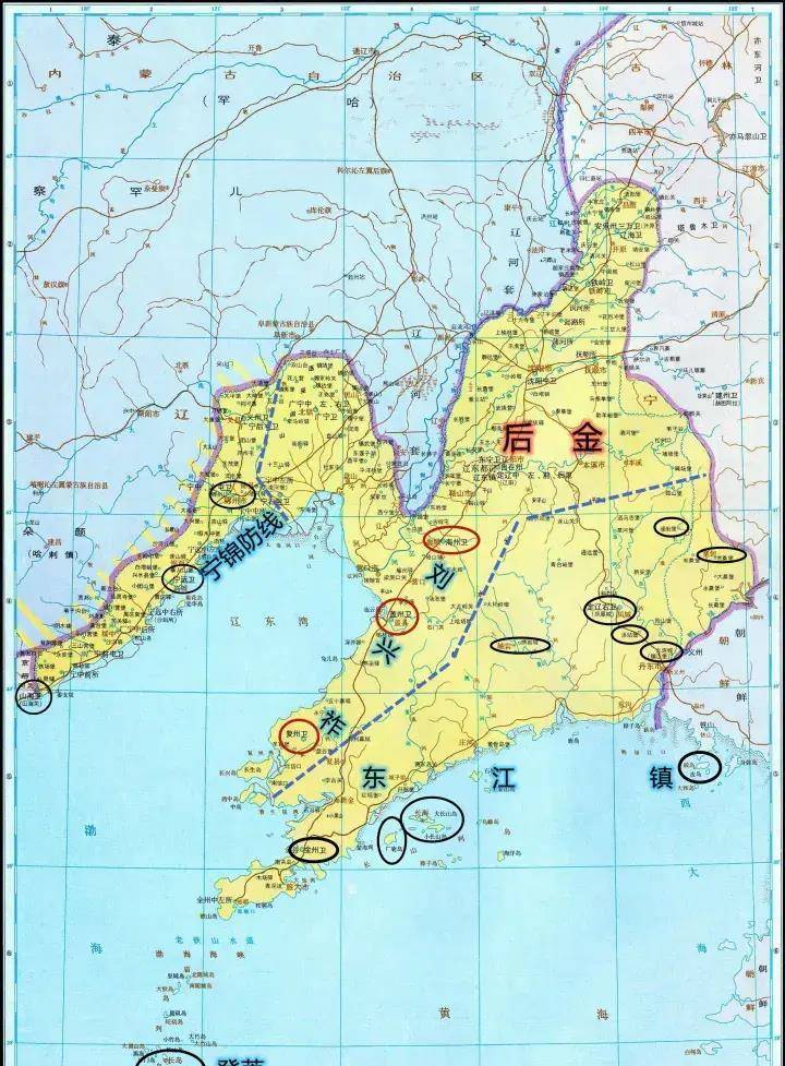 图中的东江镇,就是毛文龙控制的地盘.