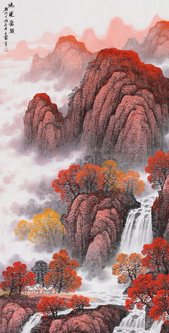 房屋置于山间若隐若现,远处壁立千仞,场面浩大,景物繁密,气象万千