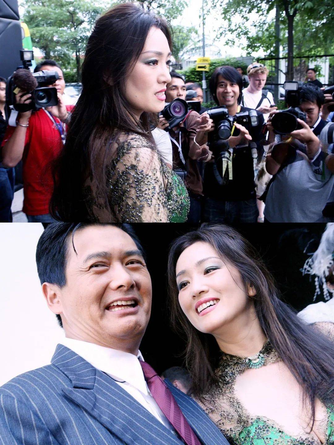 真没见过这样的"巩俐"!穿深v领绿裙配卷发,这恐怕是她