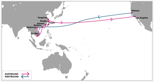 ap1航线的挂靠港序为:海防-盖梅-蛇口-厦门-台北-宁波-上海-洛杉矶