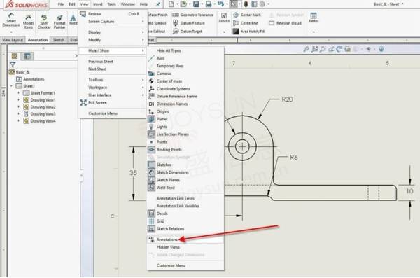 如何在solidworks 工程图中隐藏/显示尺寸_灰色_维度_注释