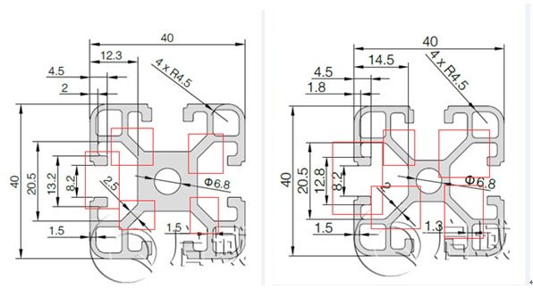 4040铝型材图纸上图中同样是4040铝型材,虽然槽宽是一样的,但是中心孔