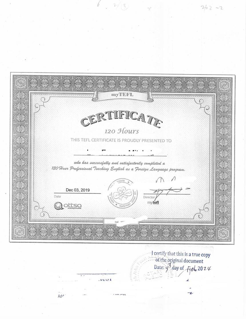 加拿大 tefl证书海牙认证样本:英语外语教学学时数证书翻译与附加证明