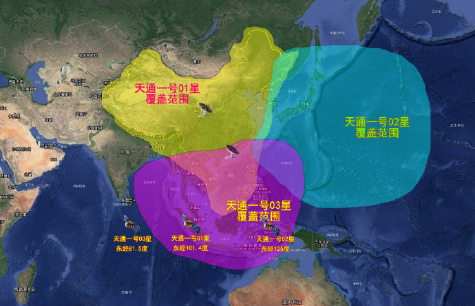 南海领海;天通一号02星位于其东边的东经125°,主要覆盖太平洋中西部