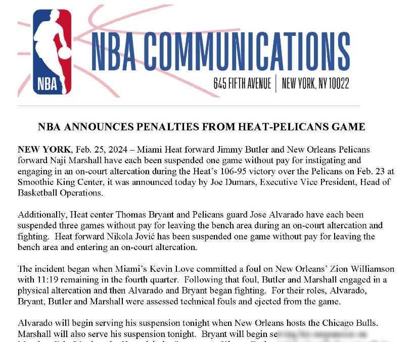 nba官宣热火鹈鹕冲突罚单:巴特勒等5人共禁赛9场损失超37_球员_比赛