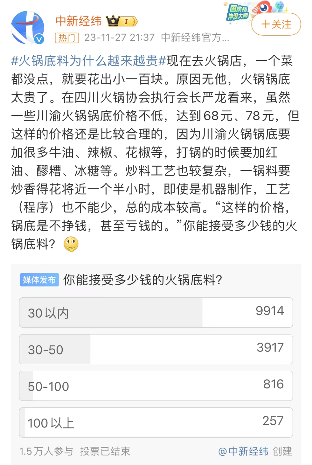 中新经纬曾在微博发出调查:你能接受多少钱的火锅底料?1.
