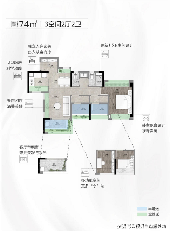 74㎡是保利和悦滨江最小户型,同时也是货量最多的户型,由于面积紧凑