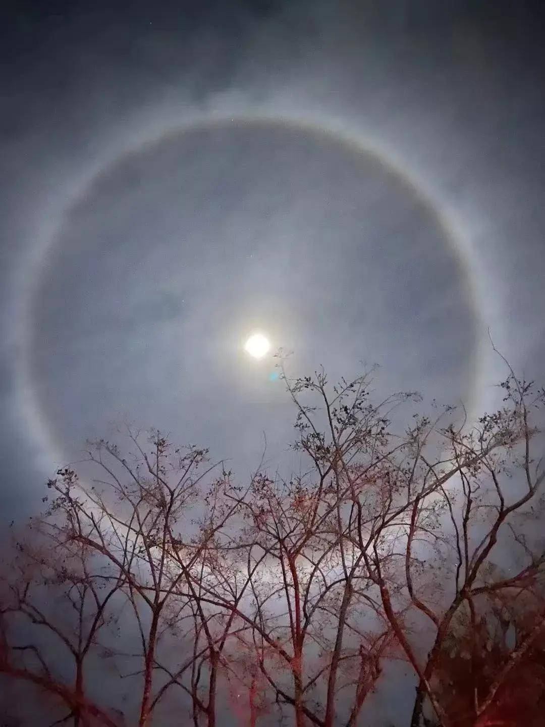原创云南曲靖和丽江现月晕自然景观月亮浑圆如同太阳环绕耀眼光圈