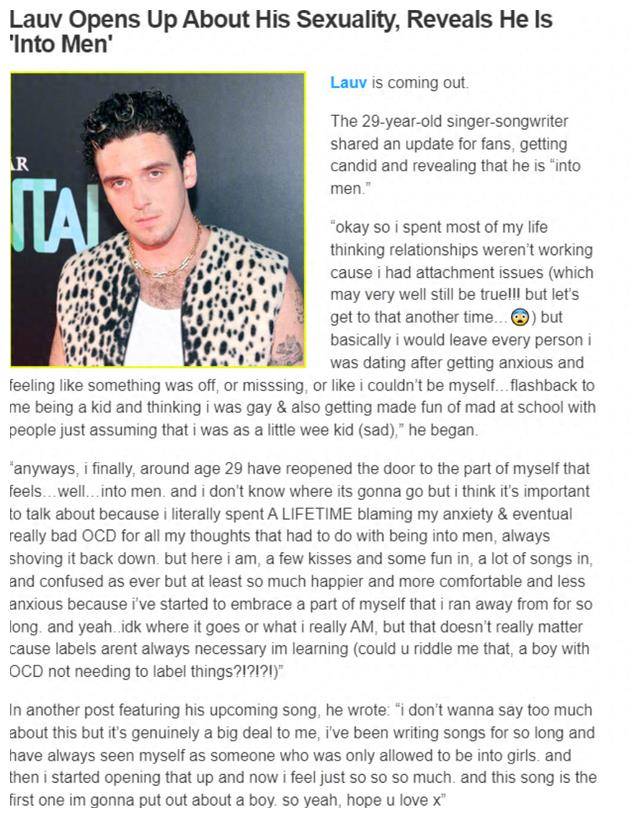 原创lauv勇敢宣布性取向再度为此发文引发热议