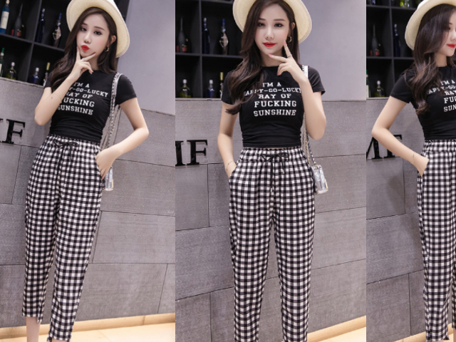 原创九分格子裤黑色t恤今年最时髦的复古风搭配穿上身超显瘦