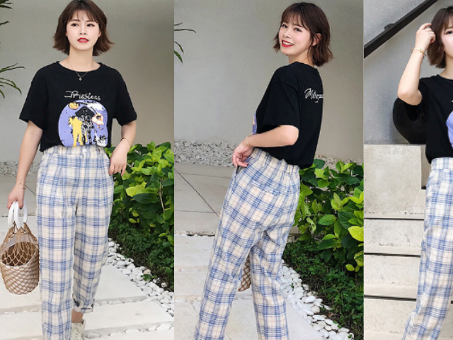 原创九分格子裤黑色t恤今年最时髦的复古风搭配穿上身超显瘦