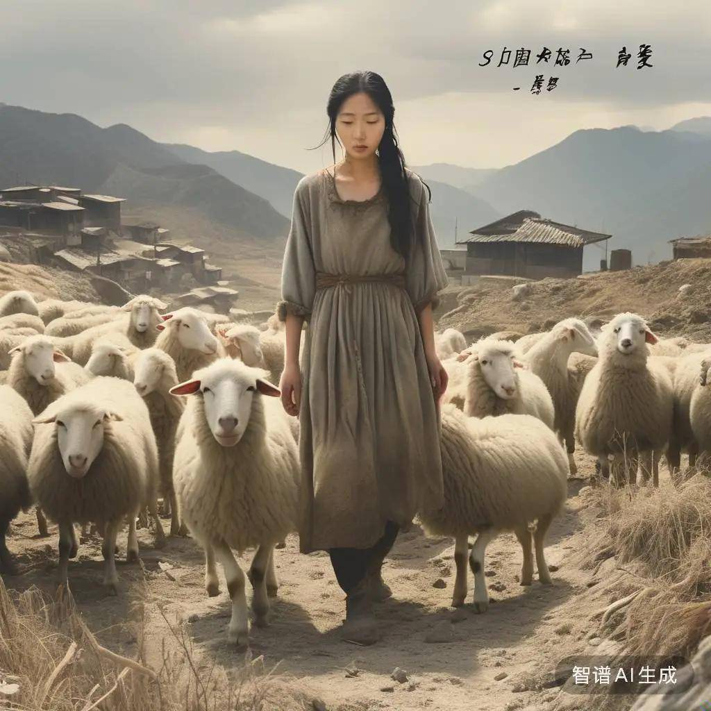 这幅画描绘了一幅由宋祖英的《牧羊姑娘》歌曲启发的深情而令人感慨的