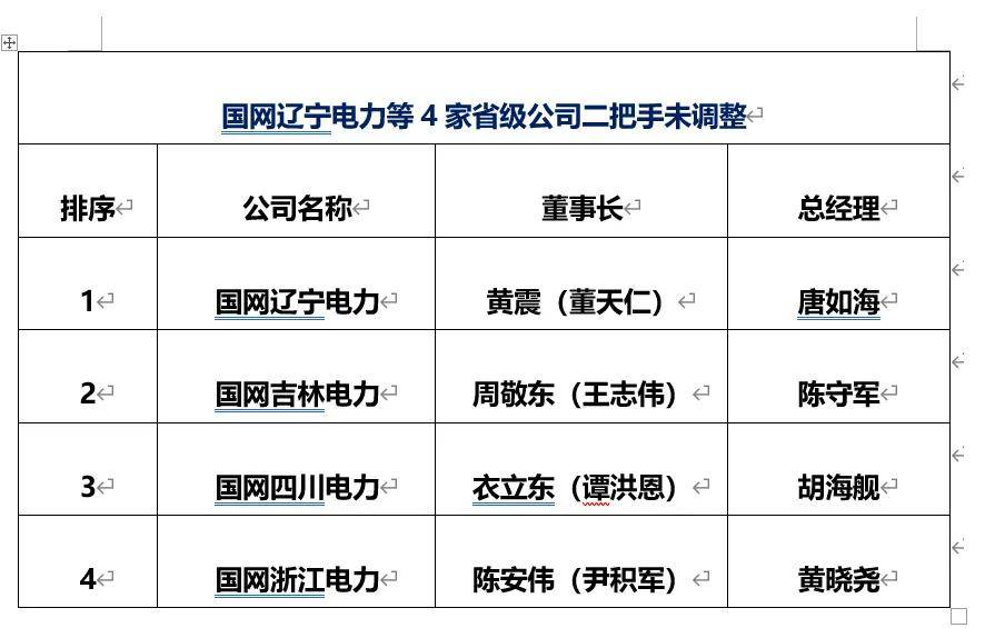 (二)4家省级公司二把手未调整国网河北电力(董