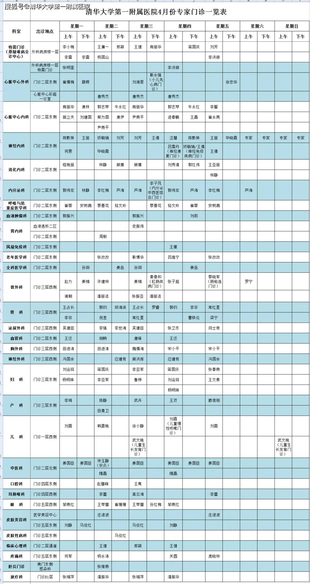 【关注】清华一附院2024年4月专家门诊一览表