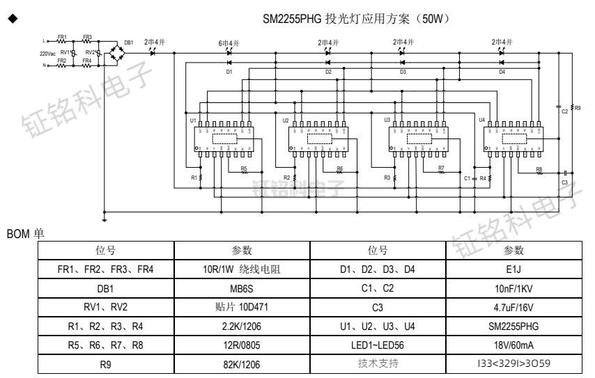 低thd高功率因数led线性恒流控制芯片sm2255phg投光灯应用方案