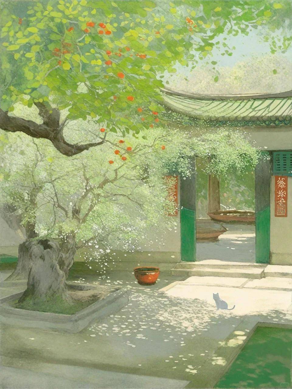 一幅工笔精细的夏日风情画,以绿树,楼台,池塘,微风,蔷薇等自然元素