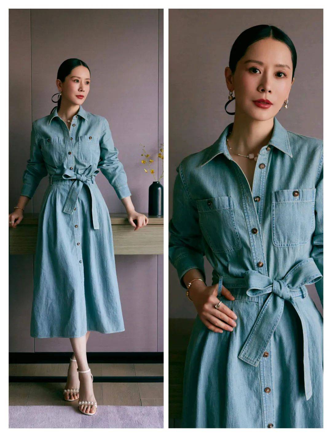 海清的穿搭,裙装优雅,衬衫利落,细节更添时尚感