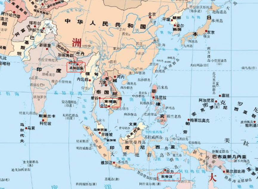 从地图上看,孟加拉国,柬埔寨,东帝汶已然形成一条军事直线,位置正好