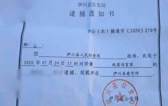 7月24日,经伊川县检察院批准,伊川县公安局以涉嫌故意伤害罪将韩伊兵