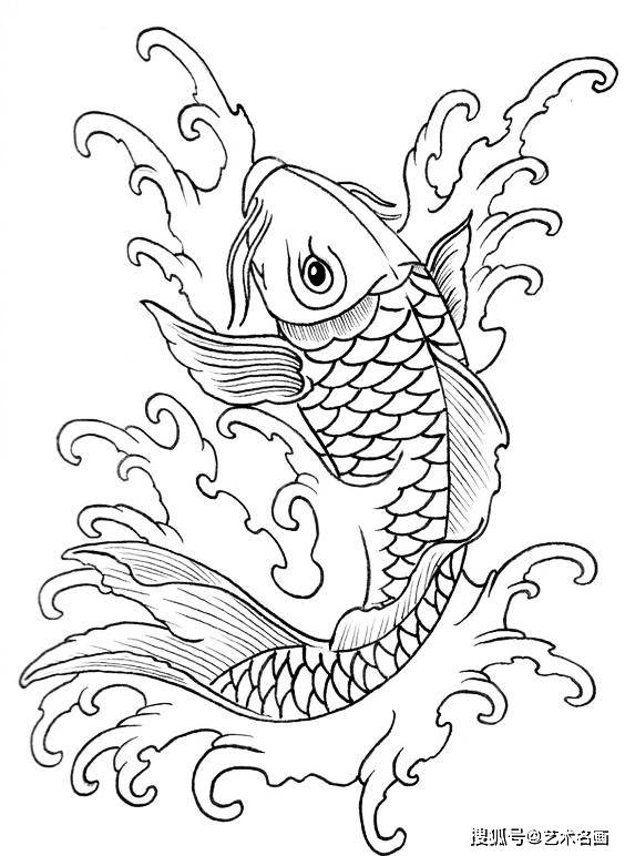 鲤鱼跃龙门,中国传统龙,鱼纹的线稿素材