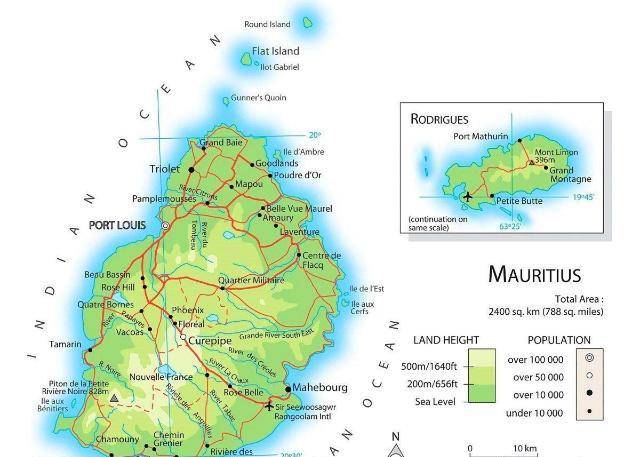 毛里求斯,距马达加斯加约800公里,与非洲大陆相距2200公里,其国土面积