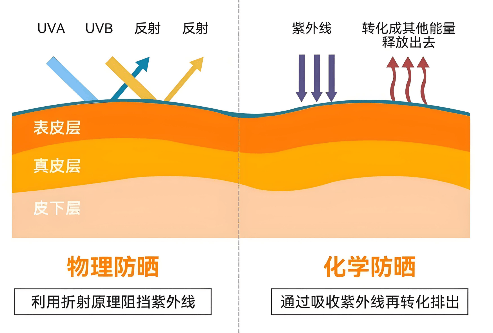 氧化锌等成分反射紫外线,化学防晒则通过其他化学成分吸收紫外线,转化