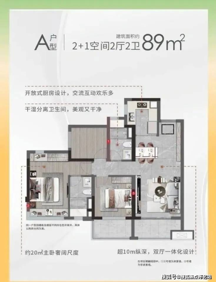 建筑面积约89㎡户型,是在80㎡户型基础上做了大升级,带来更好的空间感
