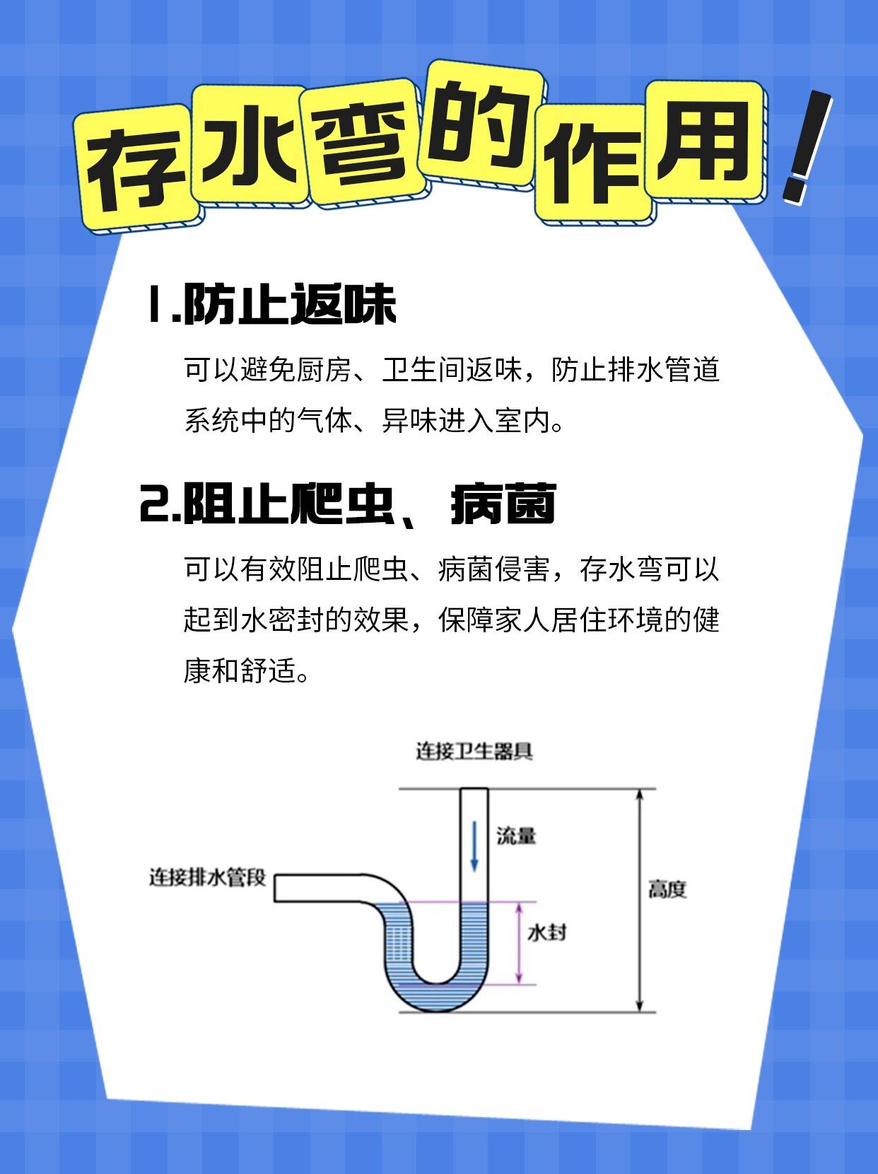 存在的意义就是利用这个弯管在下水管与排水口之间形成一个水柱,原理