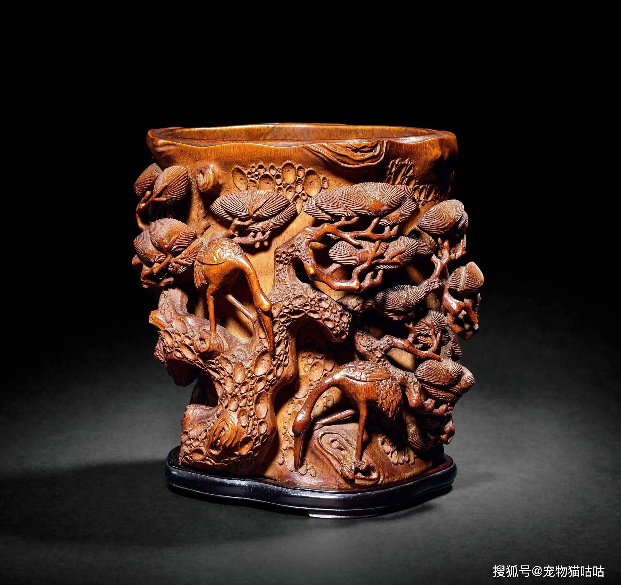 明代 古唐物 人物 松下4老 竹筆筒 中国古玩 （中国嘉德拍卖征集