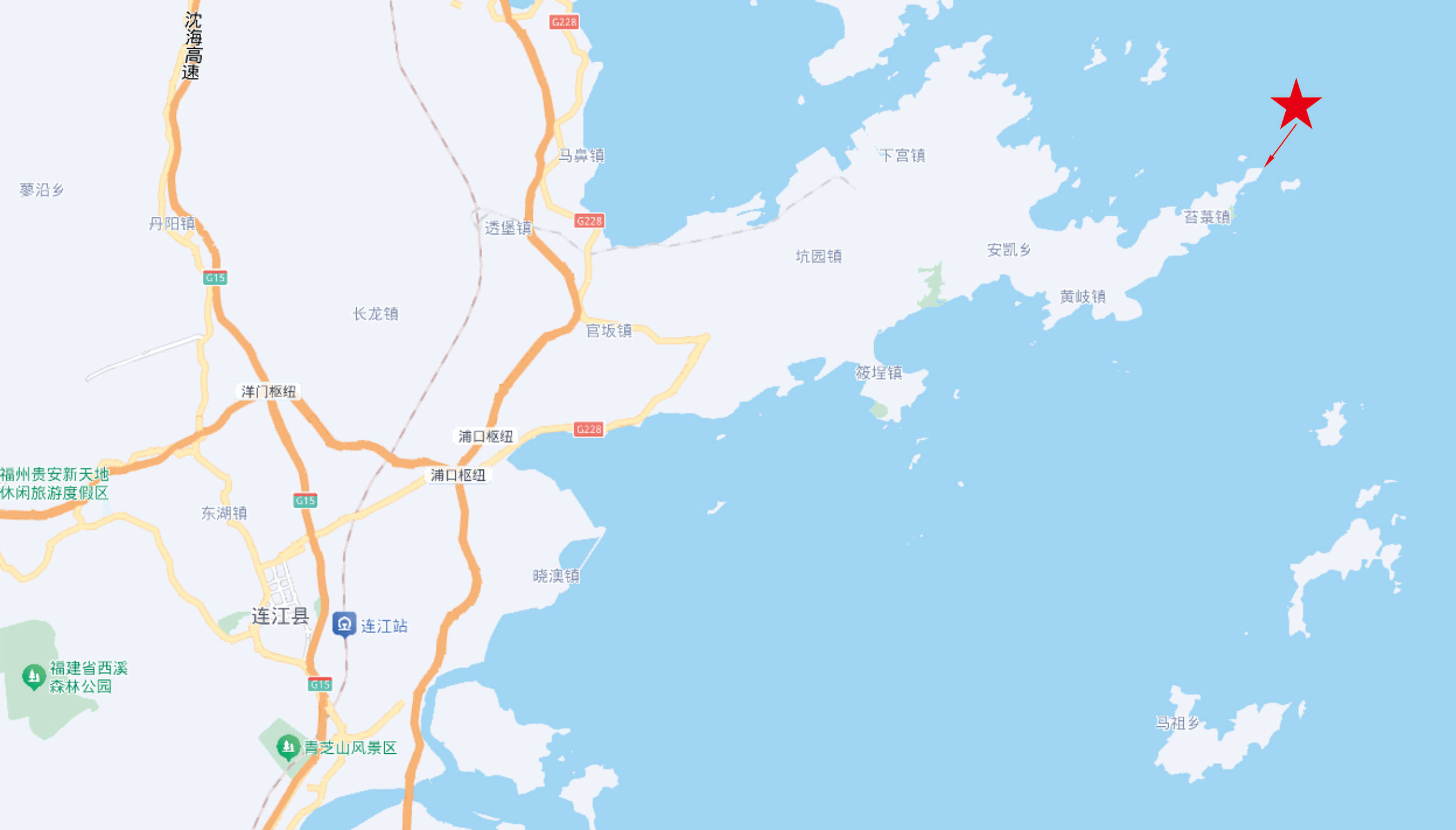 打开地图,把福建连江县放大会发现,连江东边的半岛"很长",形状非常像