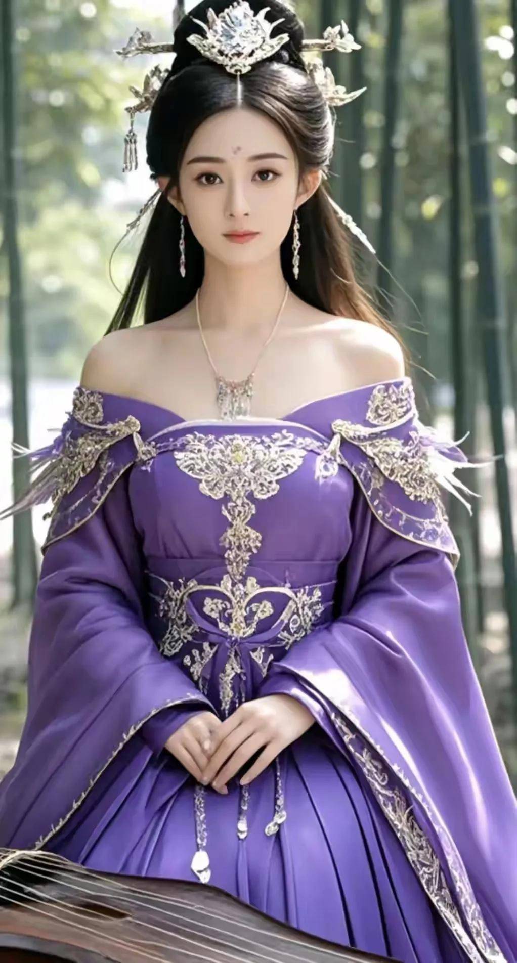 在竹林中的紫衣佳人:赵丽颖之美,穿越时光的雅致风华