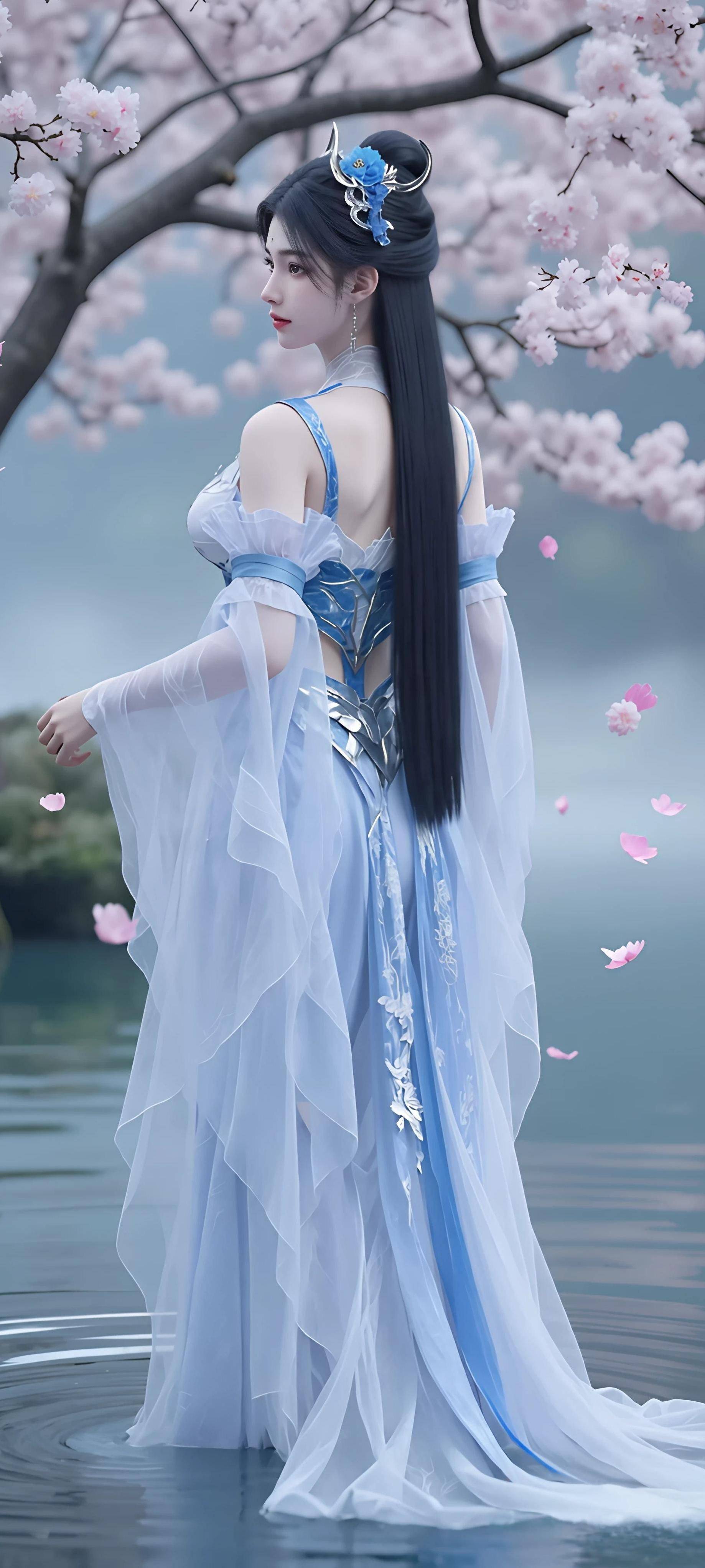 她的服饰以浅蓝色为主调,精致的花纹如同水波般在衣料上蔓延,领口与