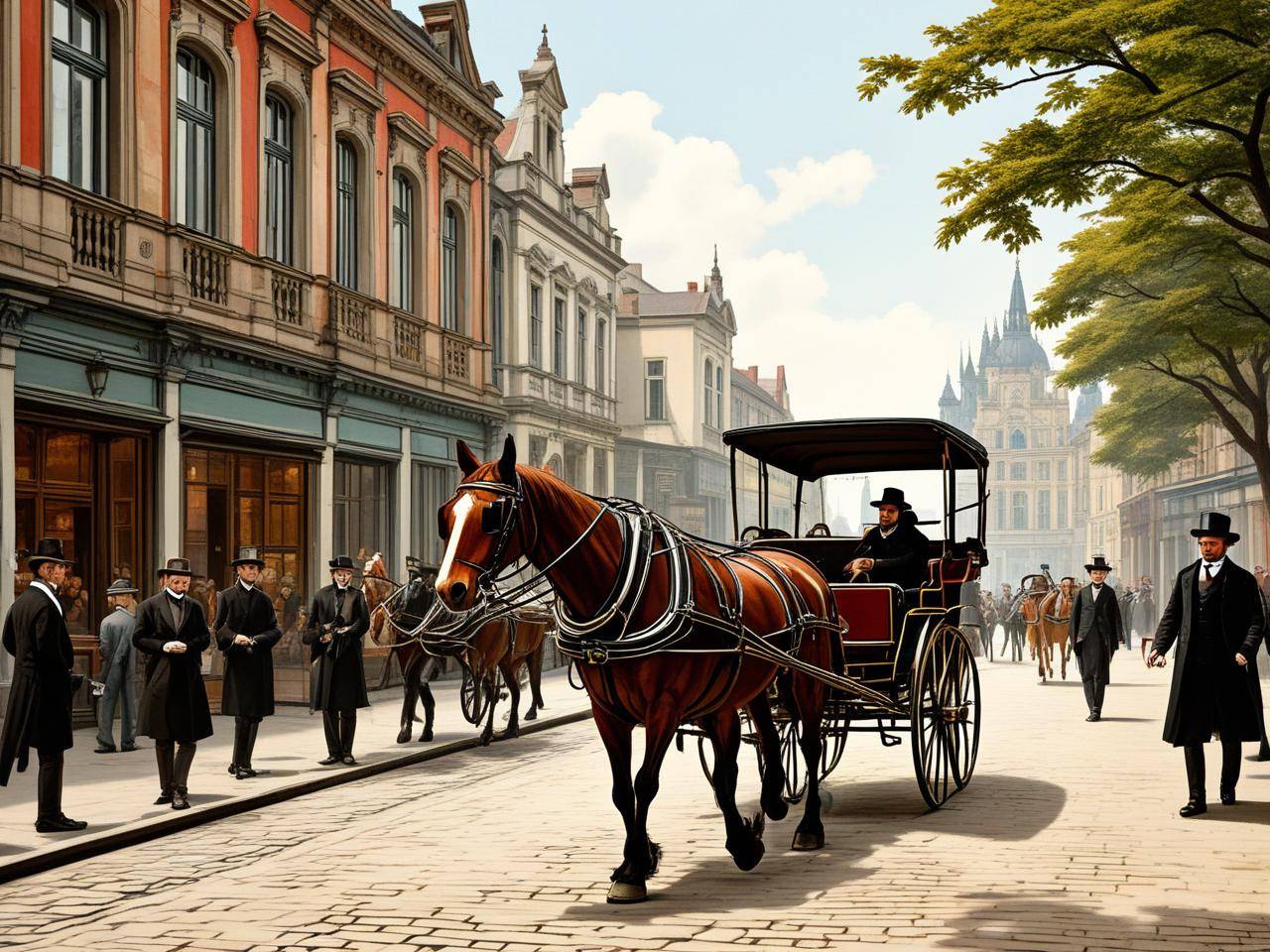 19世纪欧洲街头马车与早期汽车并行的场景让我们把目光投向欧洲的石板