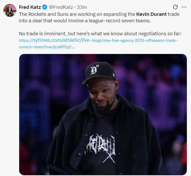 NBA传言称KD交易或扩至7支球队？模拟七方大交易细节曝光