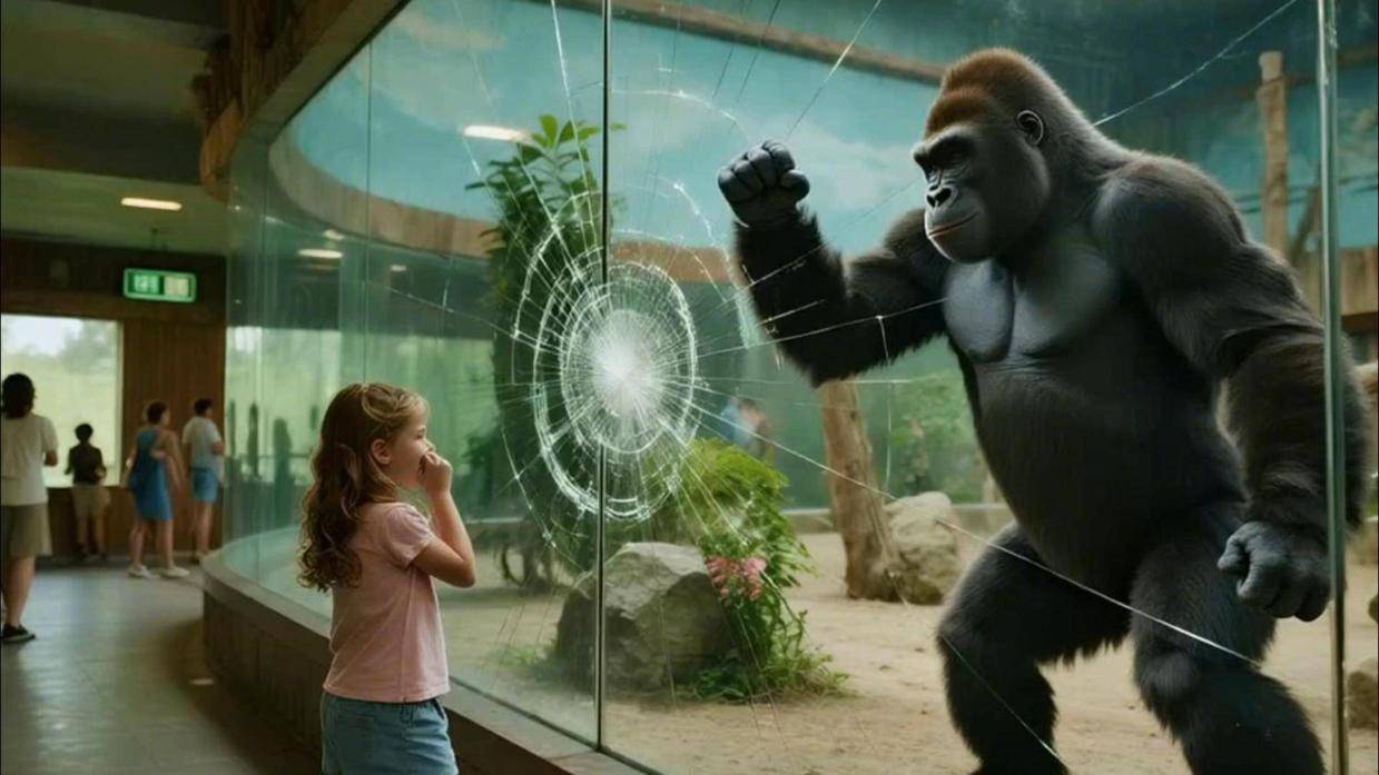 小女孩模仿大猩猩捶胸,猩猩直接一拳砸裂玻璃,镜头拍下全程!