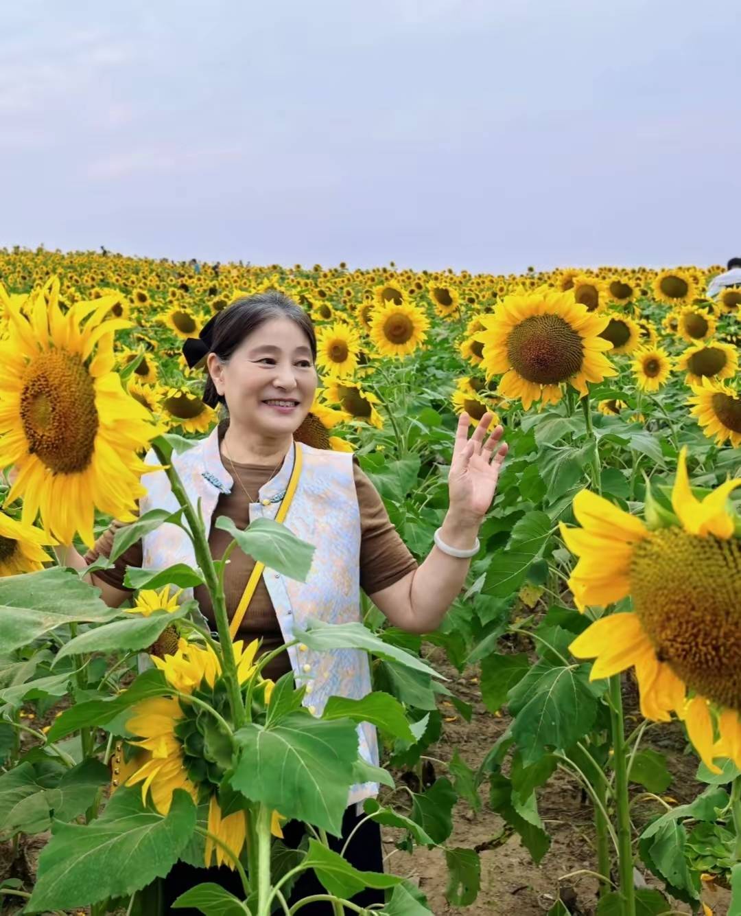 在花海里她也玩开了,一会儿张开胳膊对着向日葵笑,那笑容甜得能化了