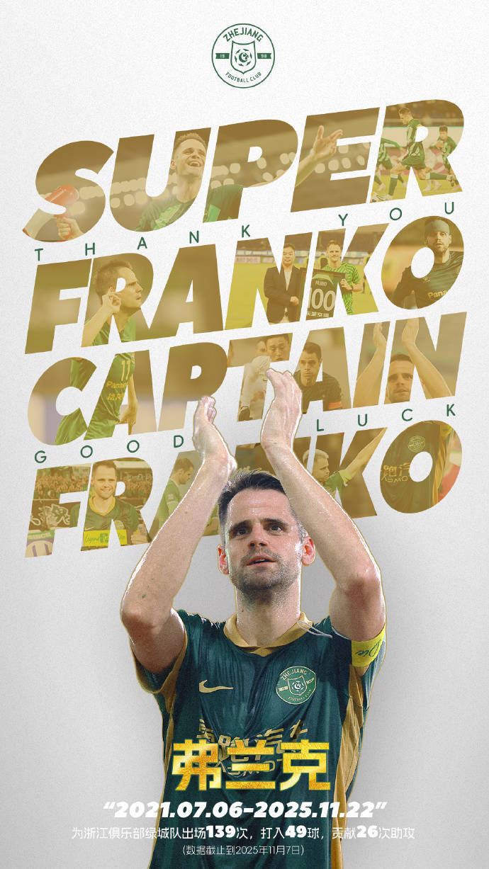 浙江队官宣功勋队长赛季后告别 出战139场49球26助攻