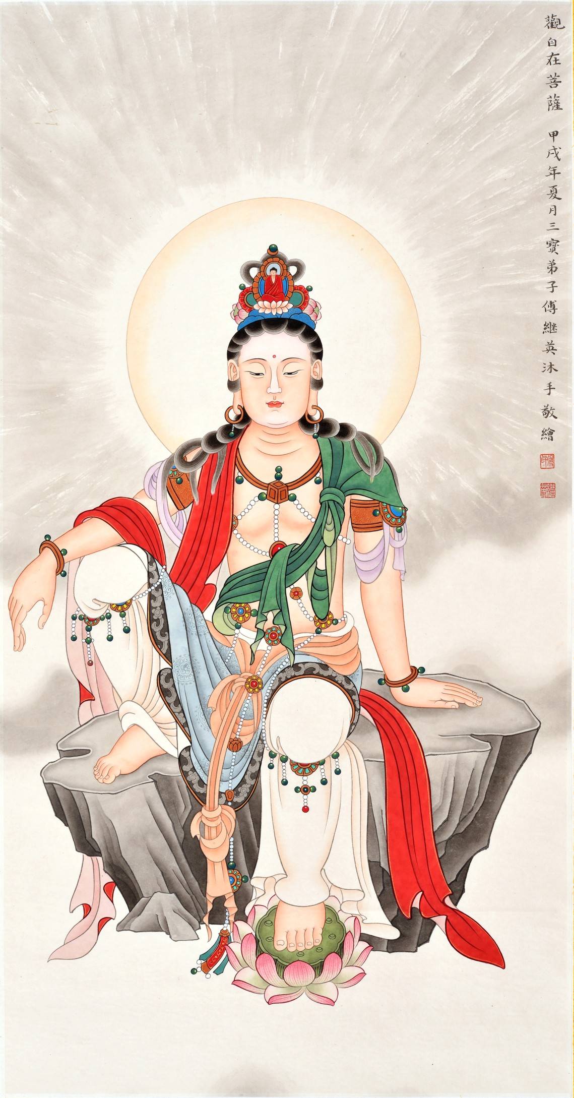 傅继英观音国画作品欣赏《造像量度经》明确记载,眉间为安白毫之地