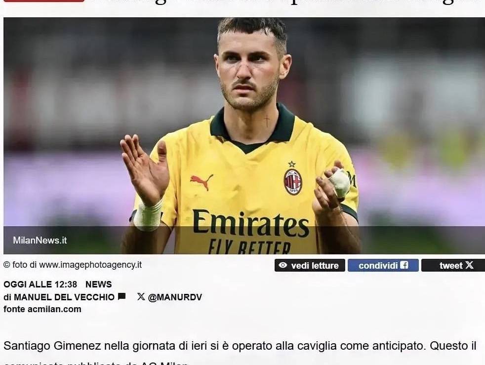 意甲：米兰前锋希门尼斯脚踝手术顺利结束，最快一个月恢复，最迟三个月！